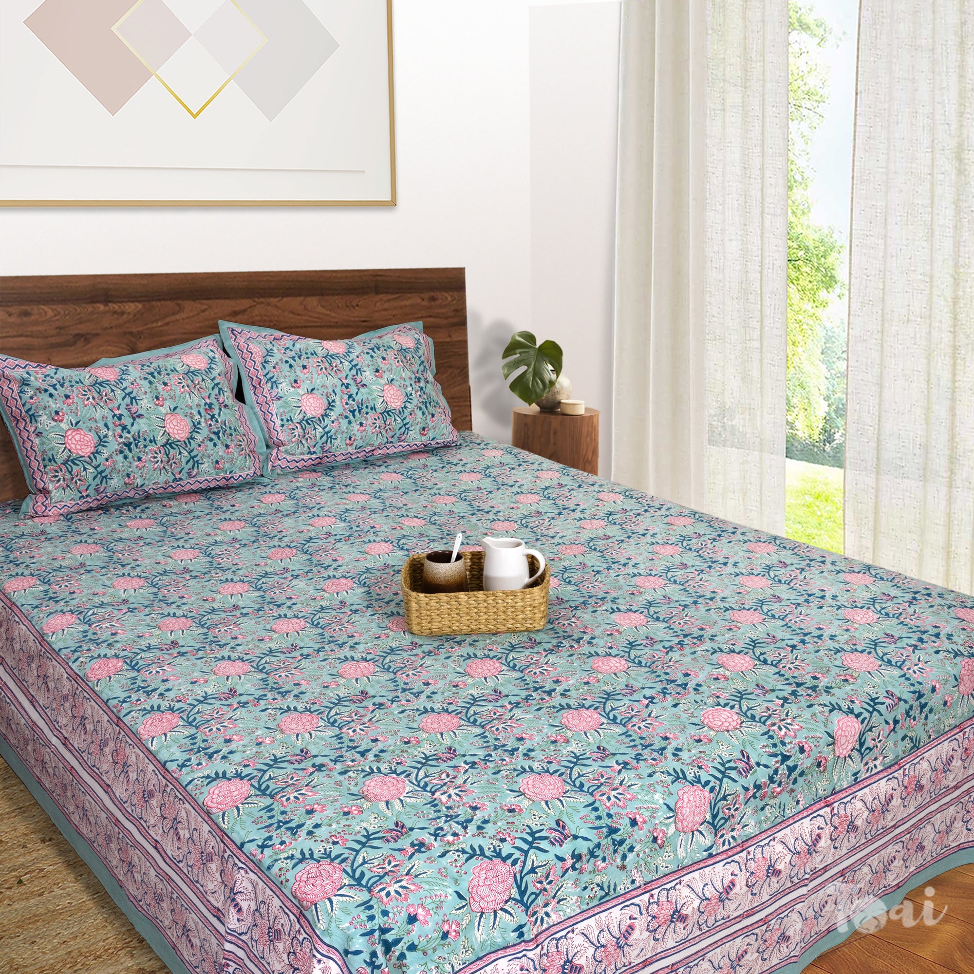 Pink Rose on Green  | Fine Quality Bedsheet