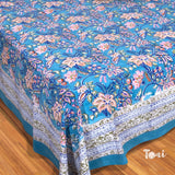 Pink Purple florals on Blue |hand block printed bedsheet| Double bed ,Queen size | 210 TC Pure Cotton| Complementing pillow covers
