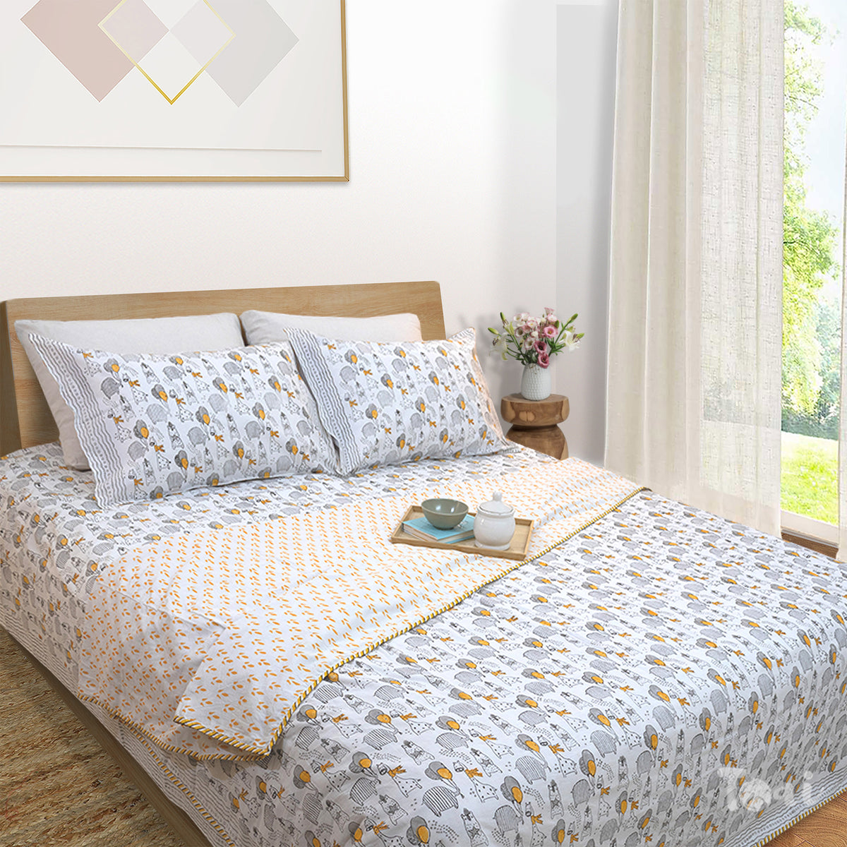 Grey Cartoon |  All- Season Bedding Set | Premium Bedsheet , Pillow Covers, Dohar