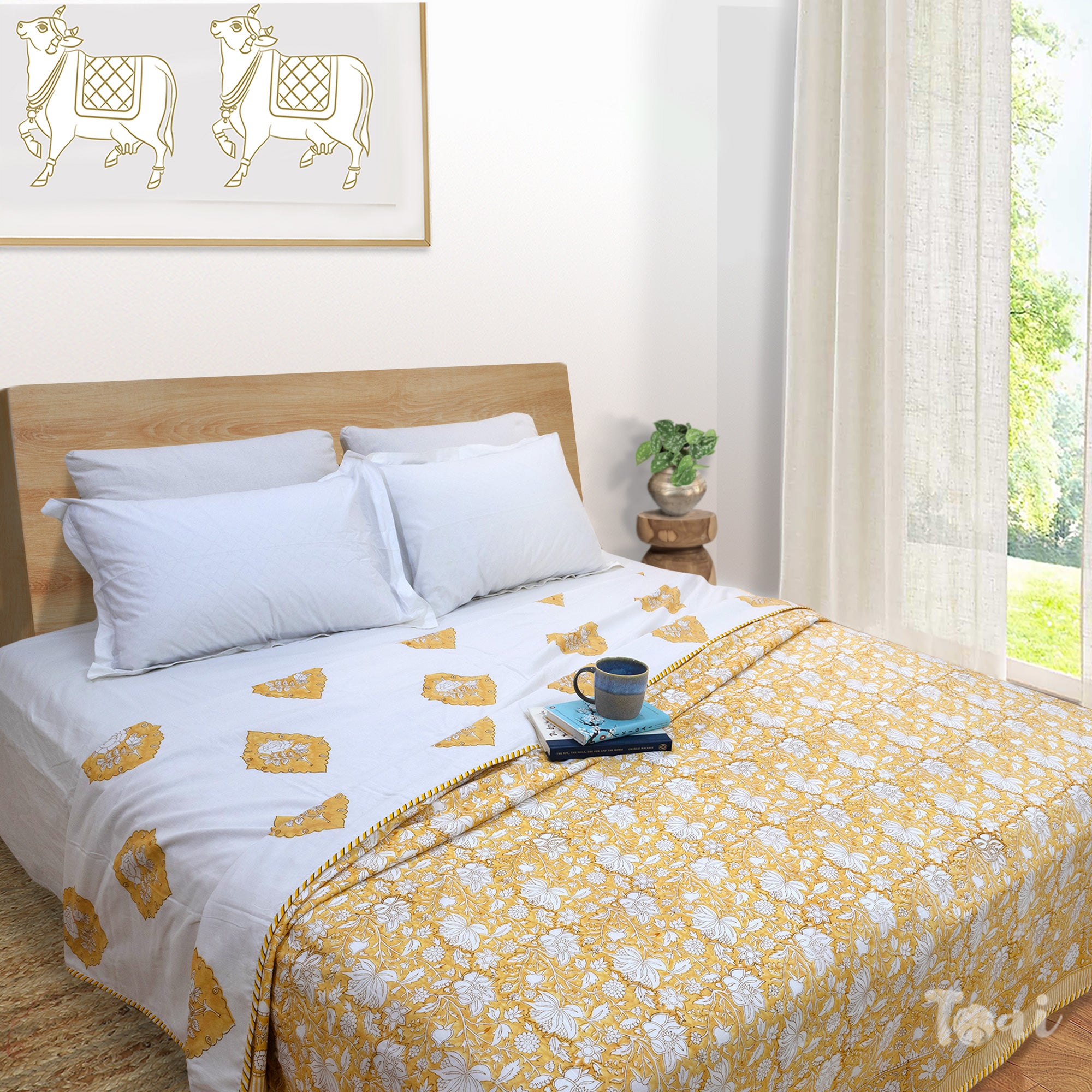 Light Mustard  Yellow Kalamkari | Single Queen King