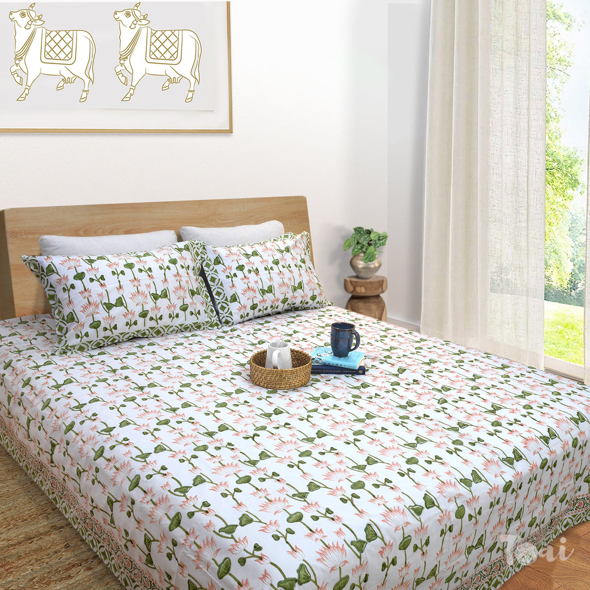 Lotus Vines| Comforter Bedding Set | Premium Bedsheet , Pillow Covers, Quilt / Razai
