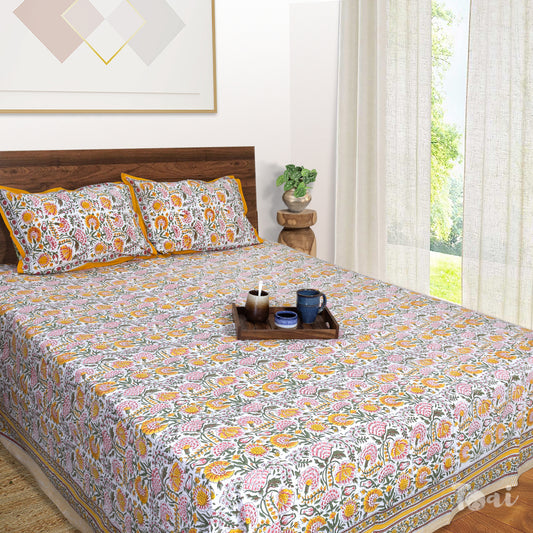 Yellow, Green and Pink flowers on White |hand block printed bedsheet| Double bed ,King size | 210 TC Pure Cotton| Complementing pillow covers