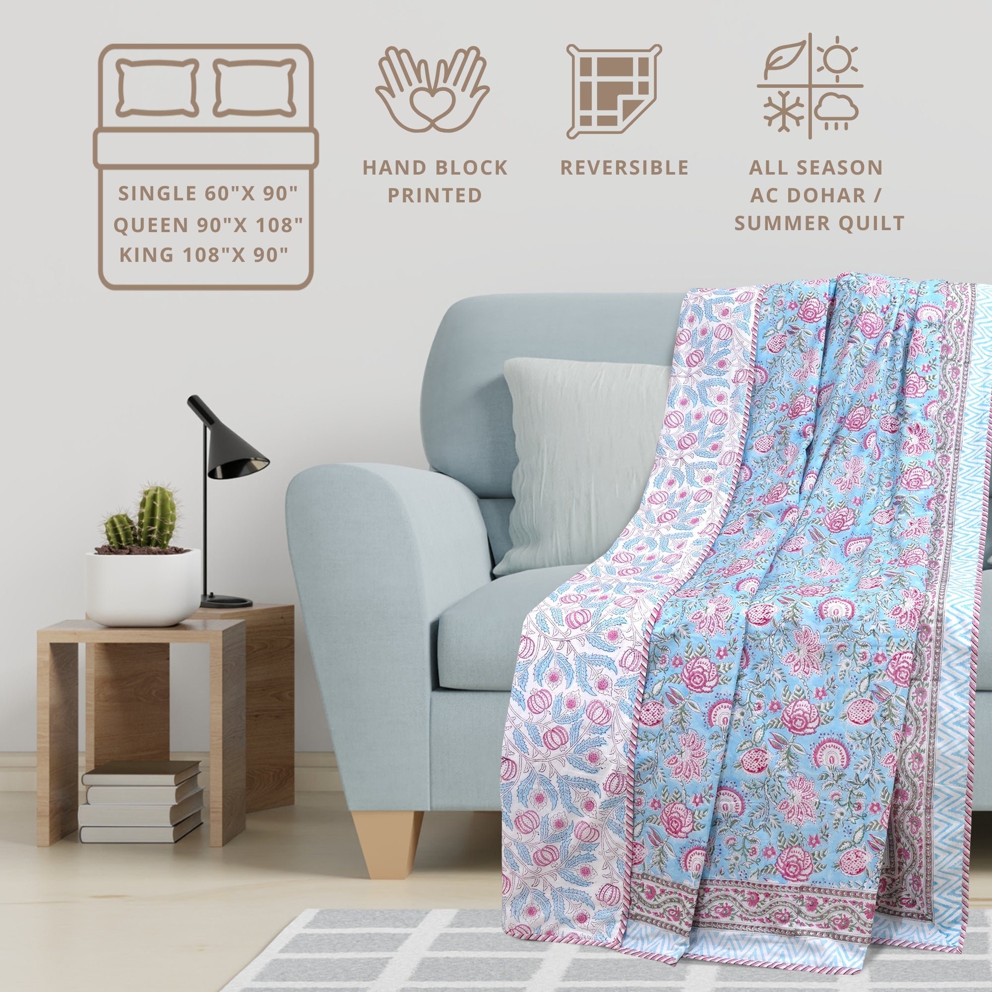 Pink Florals on Blue   | Dohar | Summer Blanket