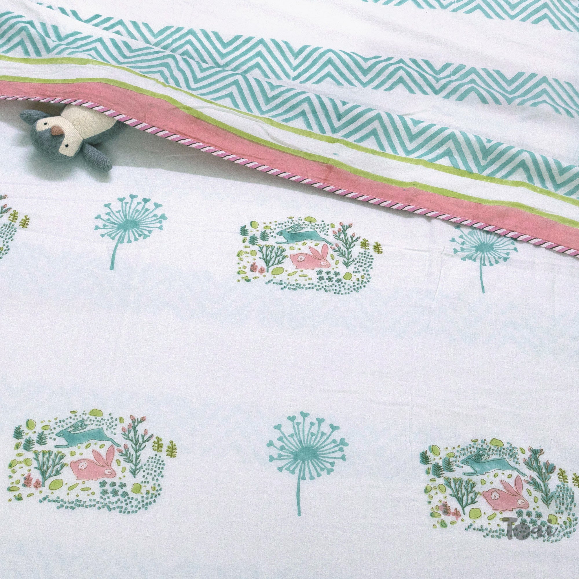Bunny White Green Pink | Dohar | Summer Blanket