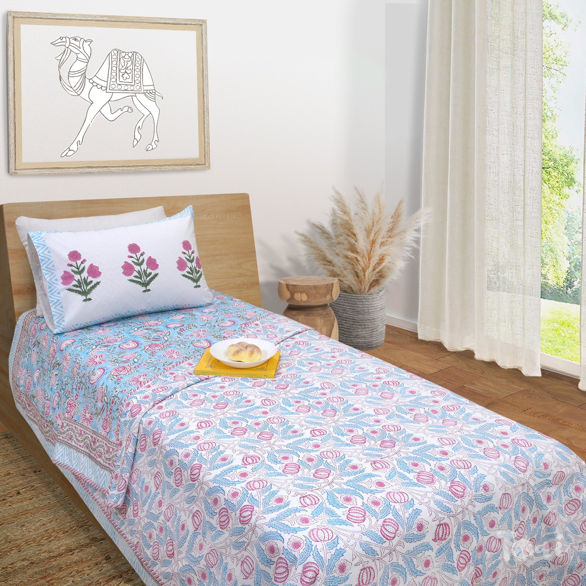 Pink Flowers on Blue -Pure Cotton Bedding