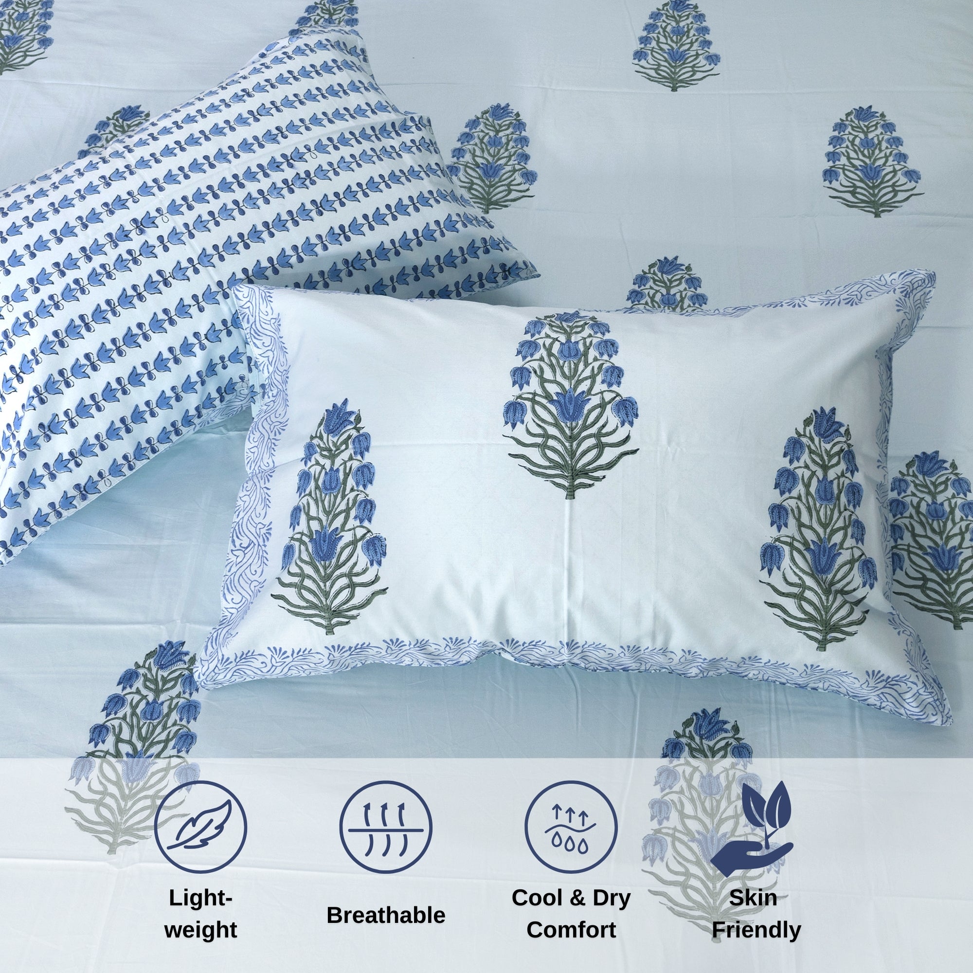 Blue Tulips on Blue  - Reversible Pillow Covers double bedsheet