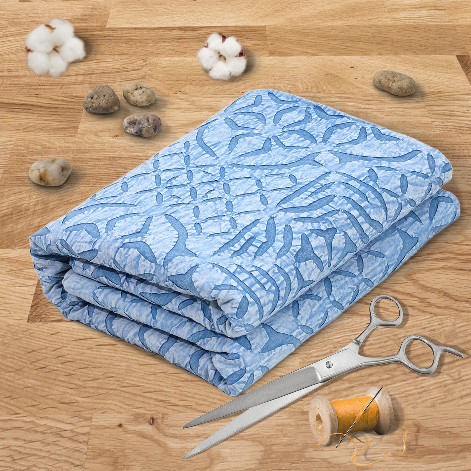 Bikaneri Applique| Blue Shades Stonewashed| Bedcover