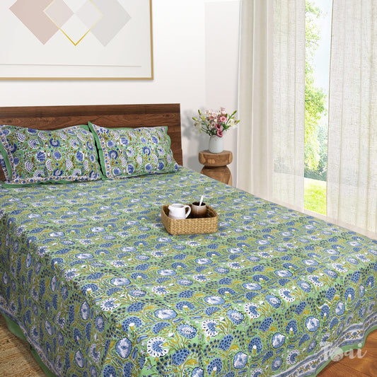 Blue White Flowers on Green |hand block printed bedsheet| Double bed ,King size | 210 TC Pure Cotton| Complementing pillow covers