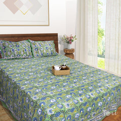 Blue White Flowers on Green |hand block printed bedsheet| Double bed ,King size | 210 TC Pure Cotton| Complementing pillow covers