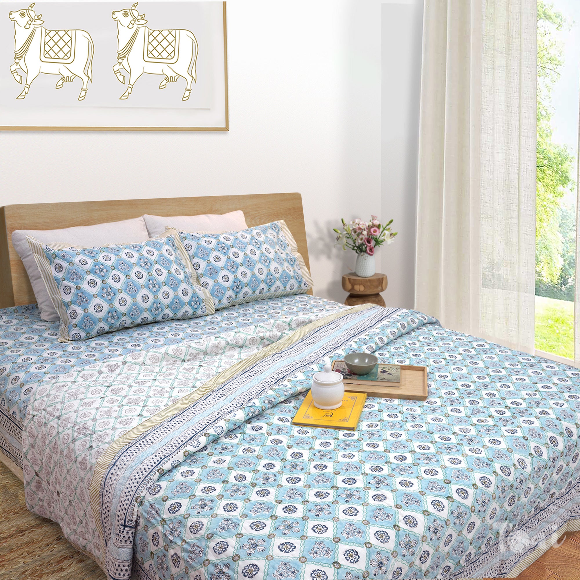 Small Blue Jaal | Comforter Bedding Set | Premium Bedsheet , Pillow Covers, Quilt / Razai