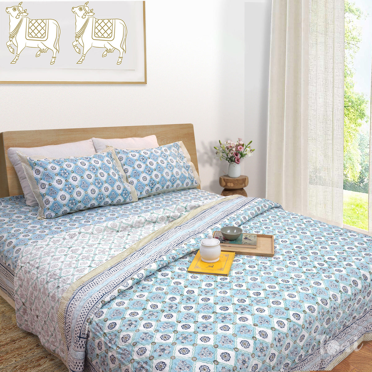 Small Blue Jaal | Comforter Bedding Set | Premium Bedsheet , Pillow Covers, Quilt / Razai