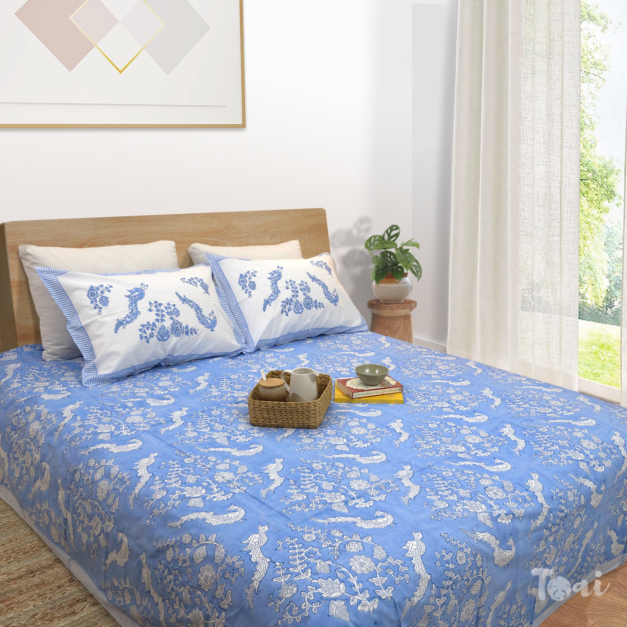 Blue Bird Kalamkari | Luxury Bedsheet with Pillow Covers