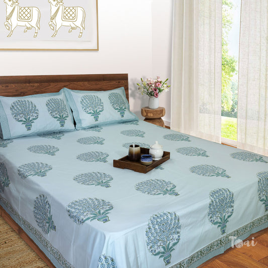 Blue Bouquet On Blue Motives |hand block printed bedsheet| Double bed: Queen size, King Size | 300 TC Premium Pure Cotton| Complementing pillow covers