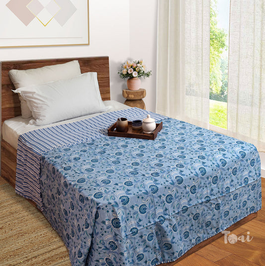Butterfly garden on Blue| Jaipuri Screen printed| Single Dohar | Premium Mulmul Cotton | Reversible