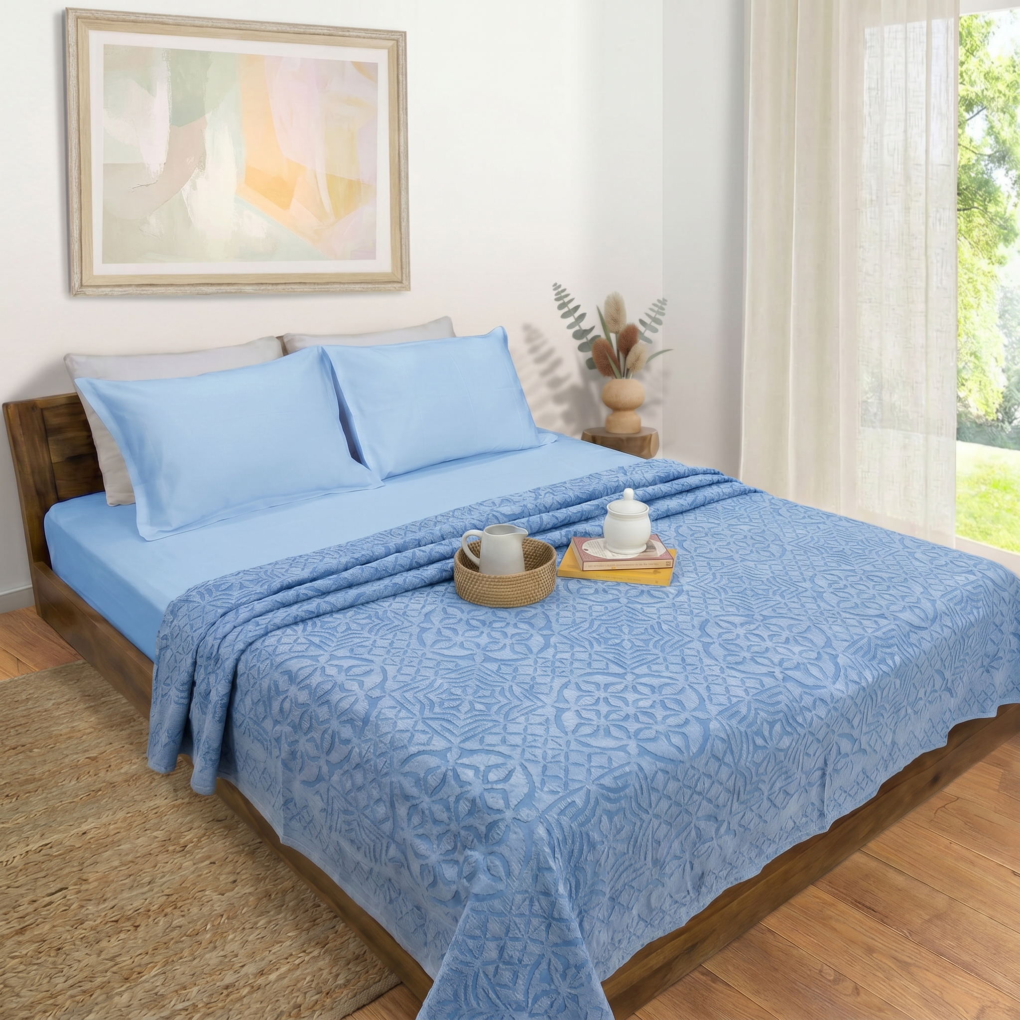 Blue Applique | All- Season Bedding Set | Premium Fitted Sheet , Pillow Covers, Applique Bedcover