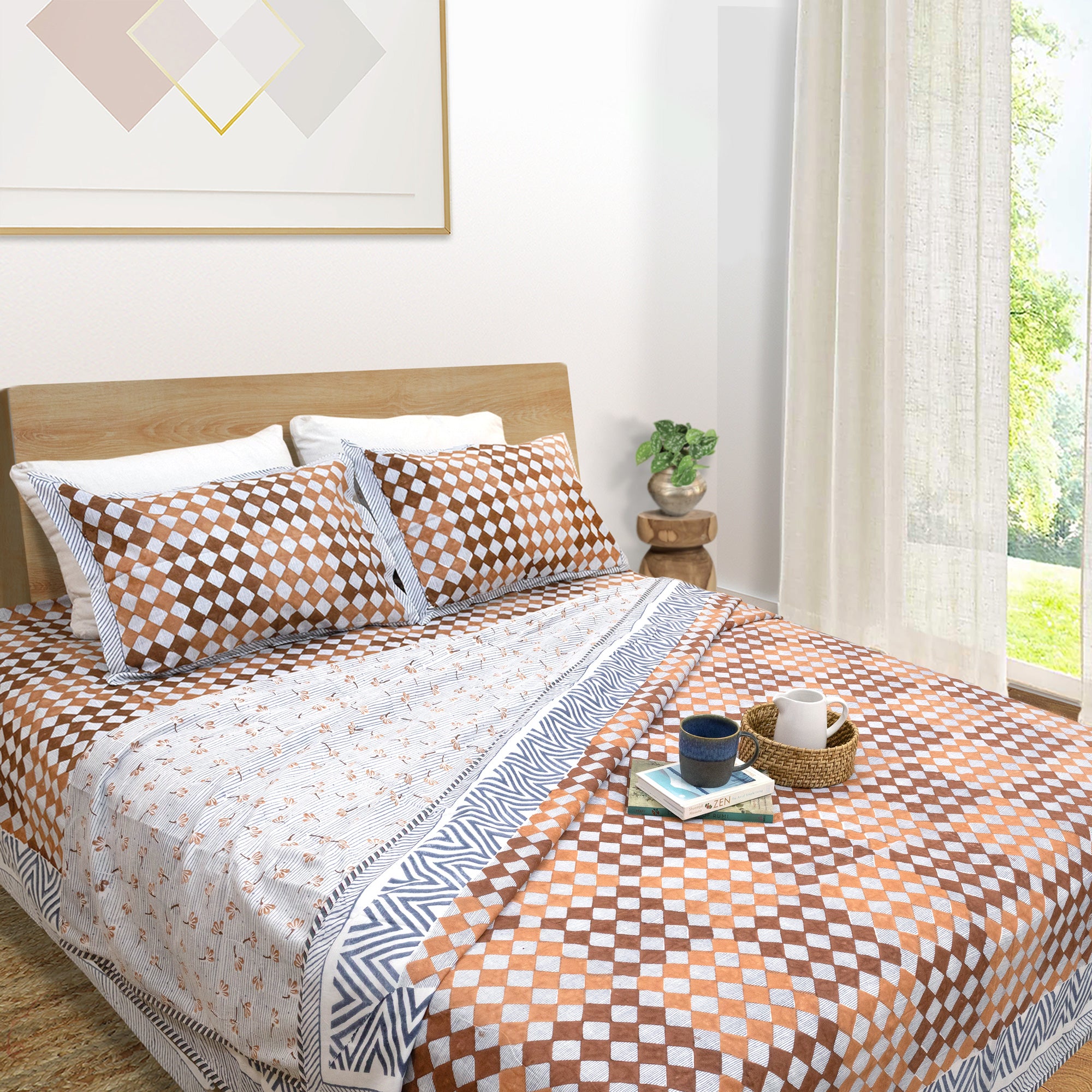 Brown Checks Blue Lines -Dohar Bedding Set