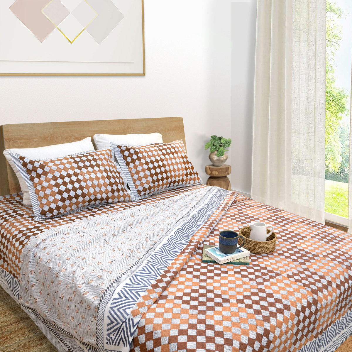 Brown Checks Blue Lines |All- Season Bedding Set | Premium Bedsheet , Pillow Covers, Dohar