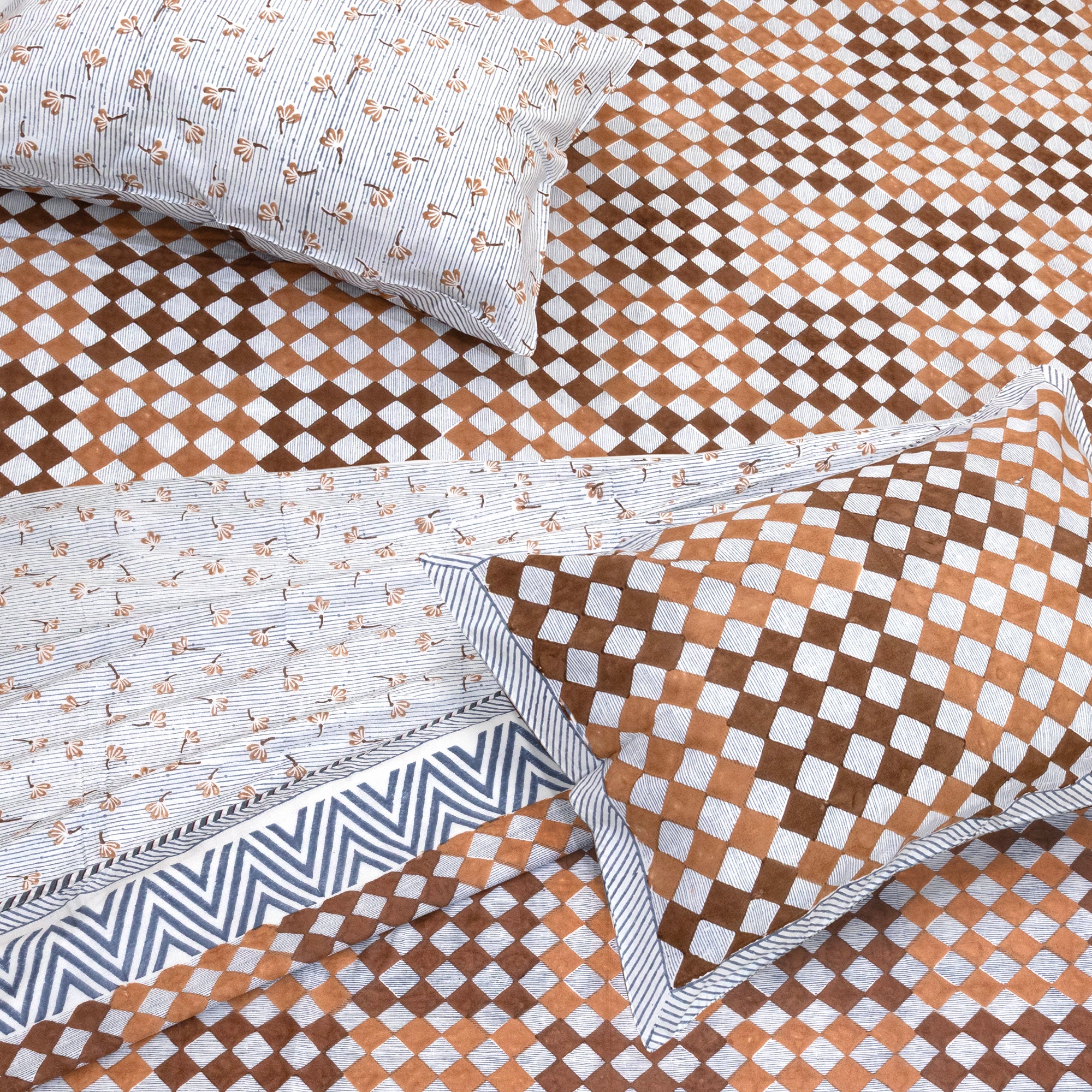 Brown Checks Blue Lines -All season Bedsheet with Pillows 