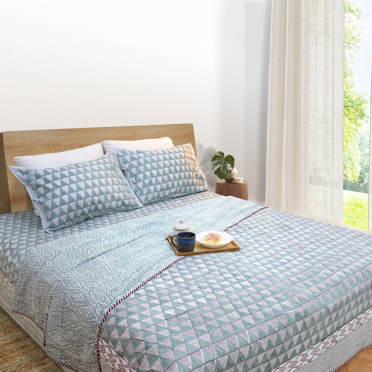 Cement Green Triangles | All- Season Bedding Set | Premium Bedsheet , Pillow Covers, Dohar