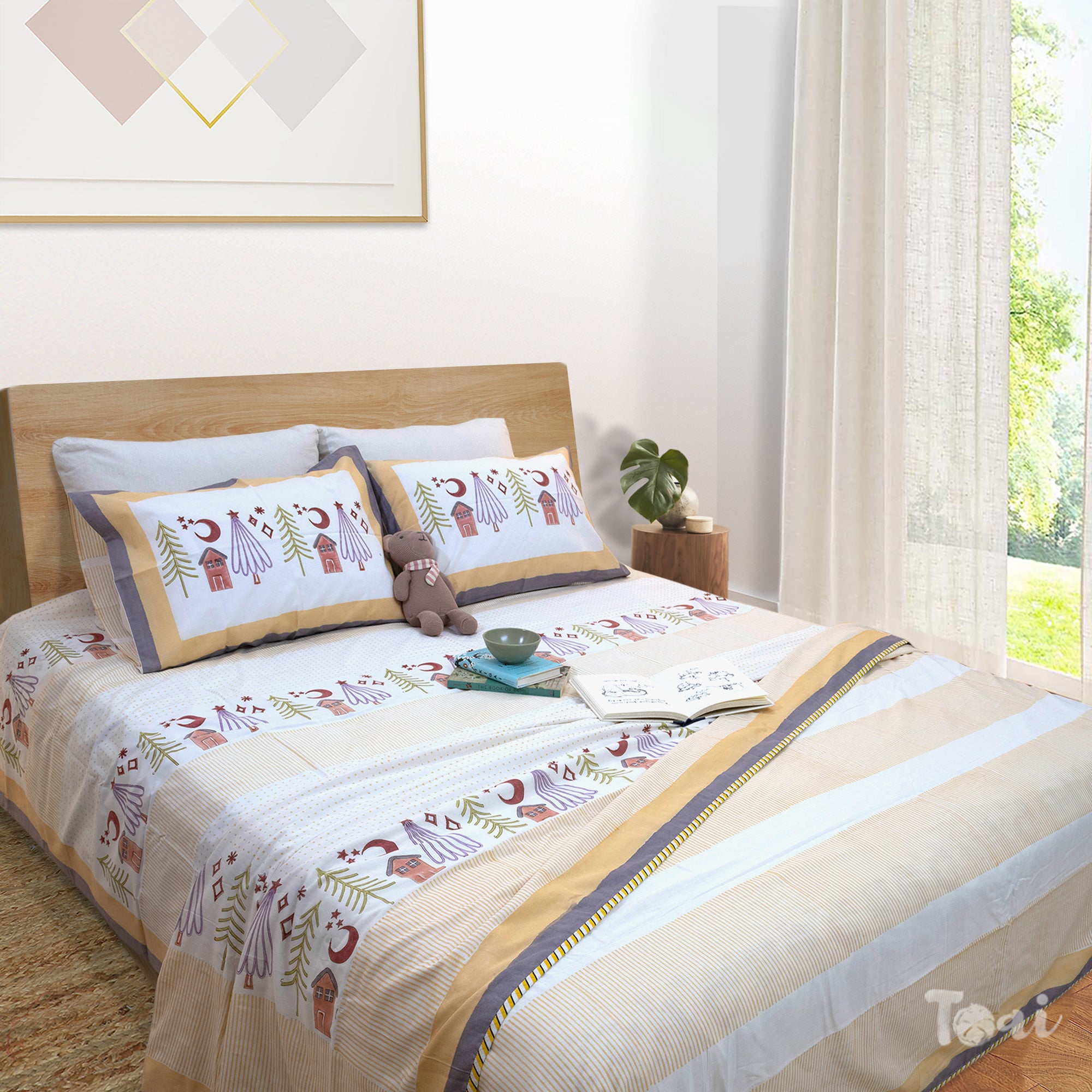 Yellow Polka |All- Season Bedding Set | Premium Bedsheet , Pillow Covers, Dohar