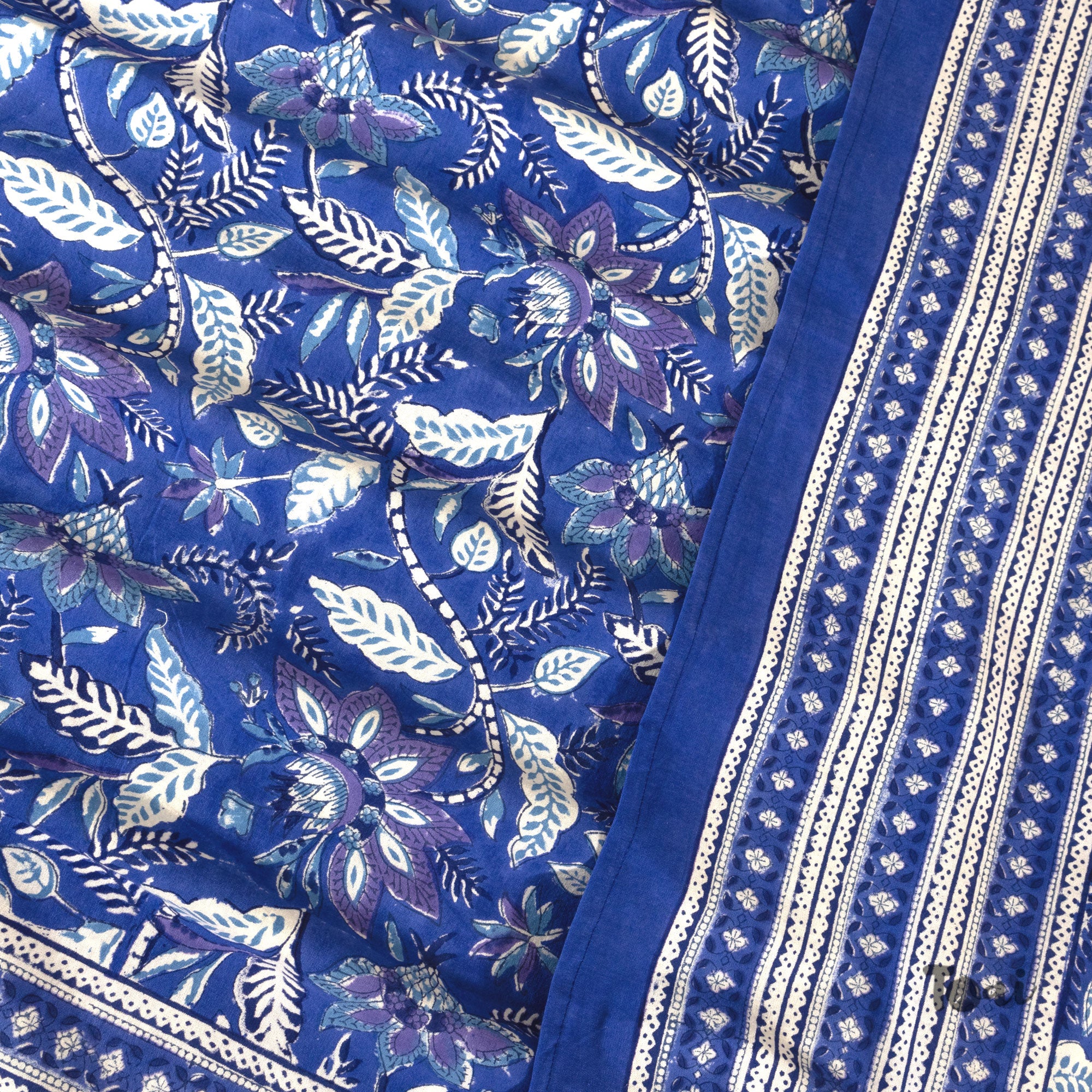 Royal Blue, Purple and White Florals |hand block printed bedsheet| Double bed ,Queen size | 210 TC Pure Cotton| Complementing pillow covers