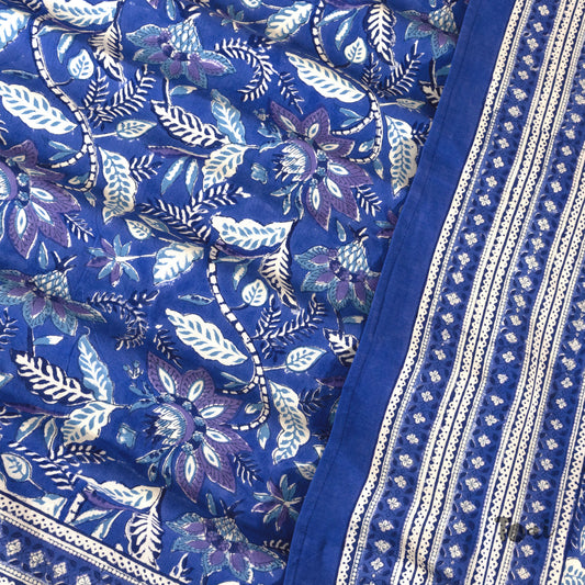 Royal Blue, Purple and White Florals |hand block printed bedsheet| Double bed ,Queen size | 210 TC Pure Cotton| Complementing pillow covers