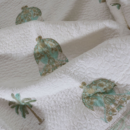 Pigeon Pair Under Tree| Quilted Bed cover |hand block printed|Double Bed- Queen Size| Premium Mulmul Cotton| Organic Cotton Sheet Filling |Complementing pillow covers