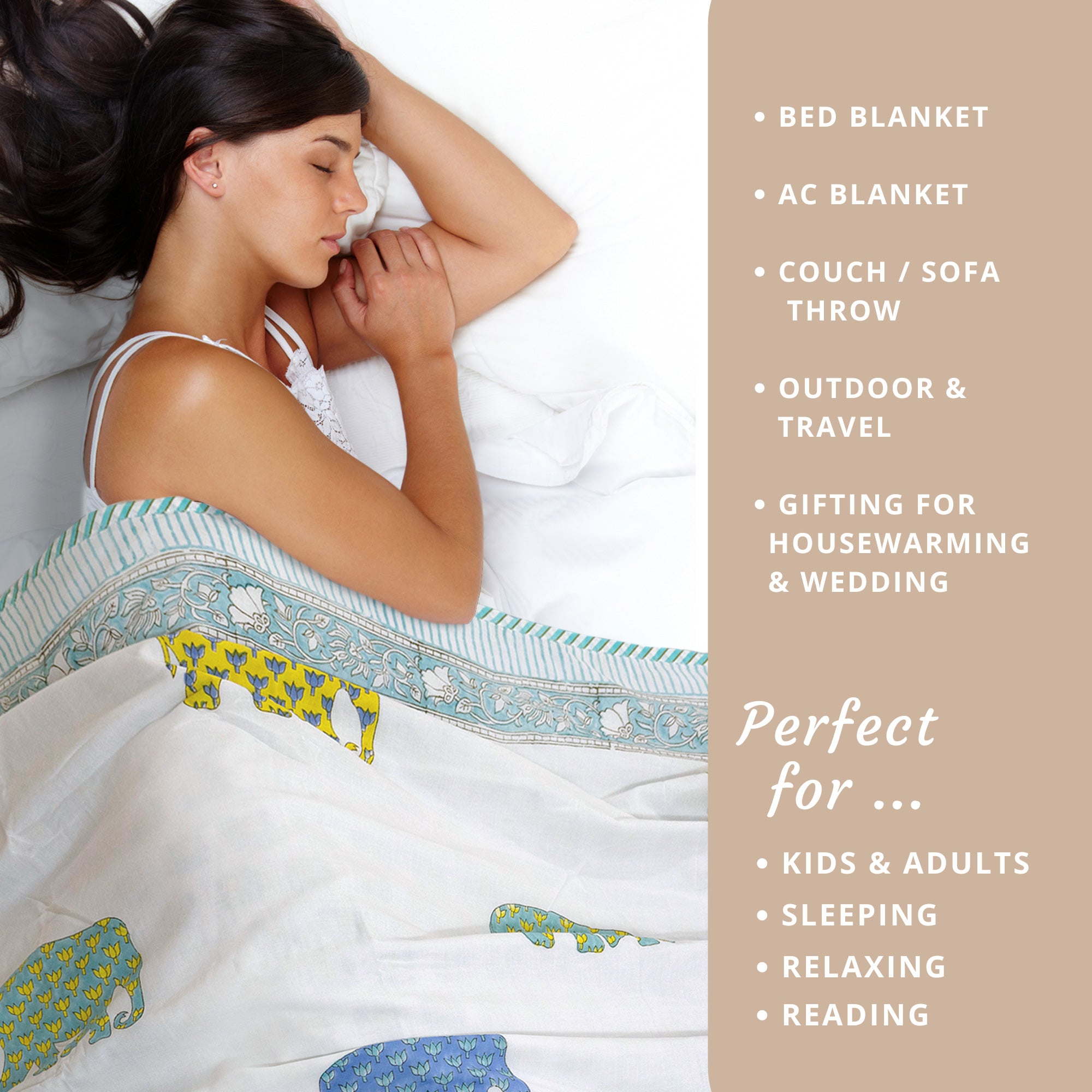 Elephant White Blue Green Yellow | Dohar | Summer Blanket