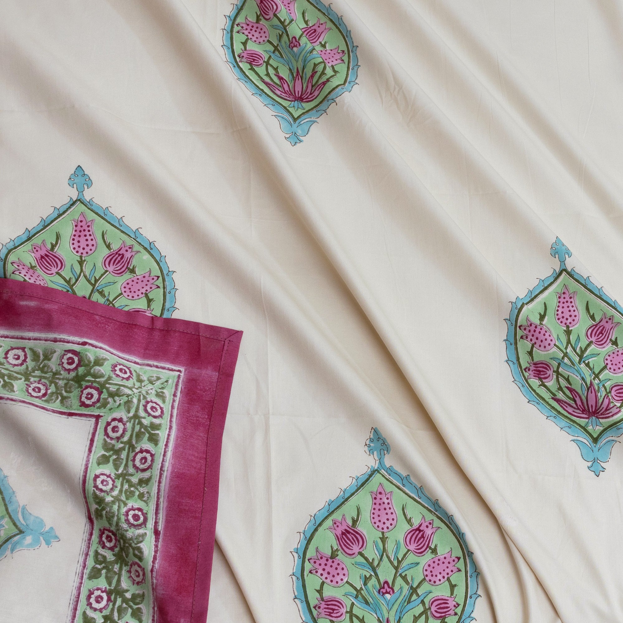 Pink Blue Paan on Beige | Premium Bedsheet