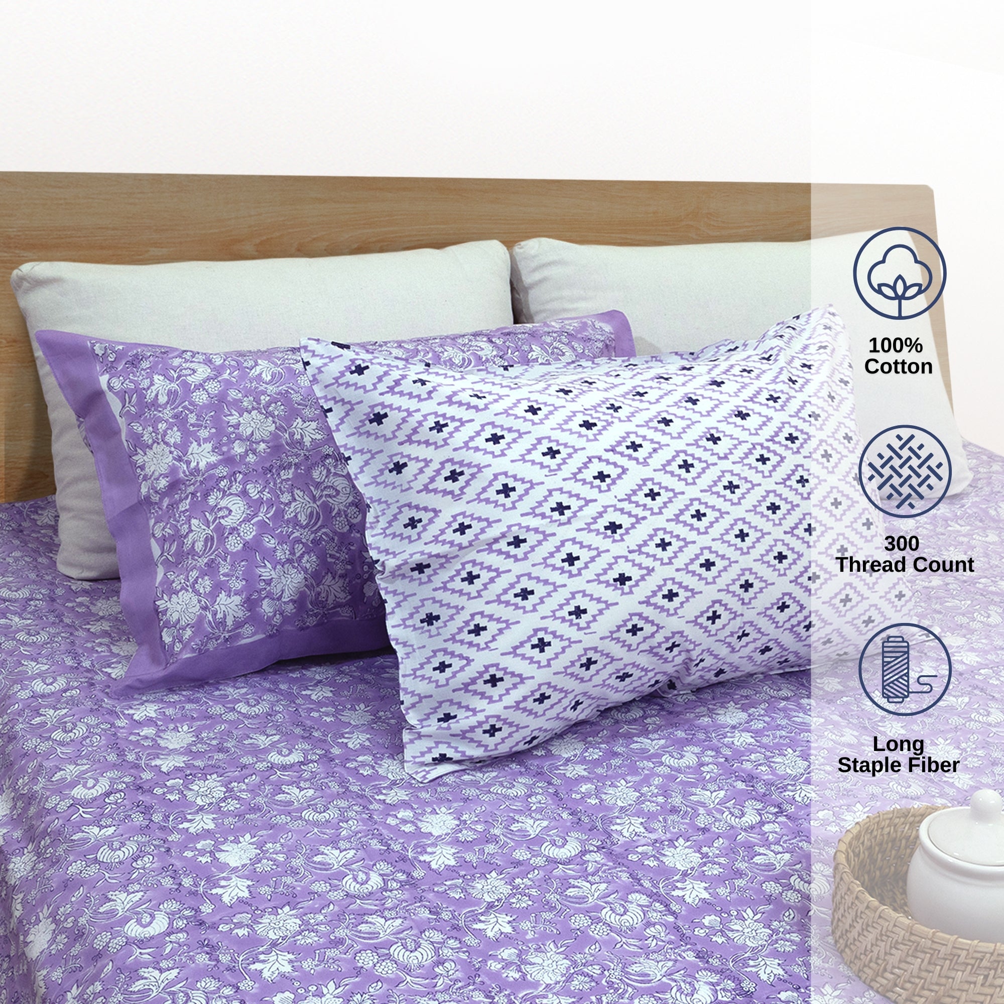 Lavender Kalamkari  - Bedsheet with Pillow Covers