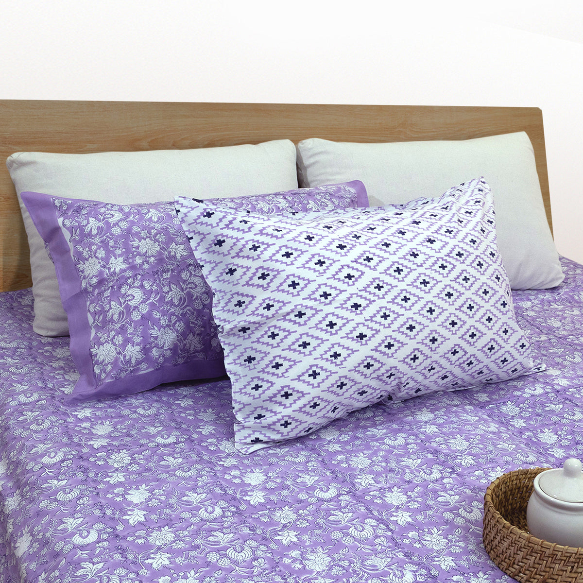 Lavender Kalamkari | All- Season Bedding Set | Premium Bedsheet , Pillow Covers, Dohar