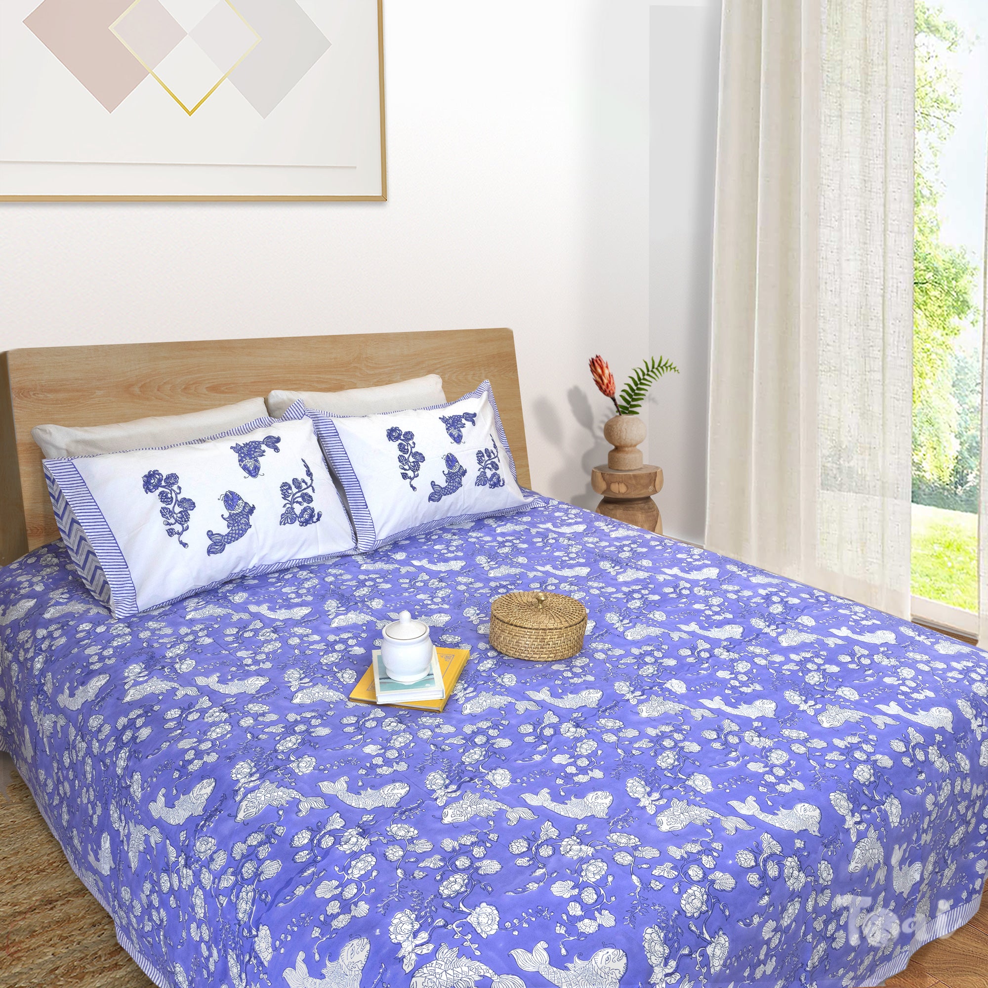 Purple Kalamkari Fish | Premium Bedsheet