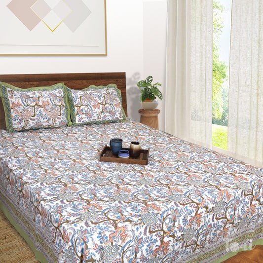 Many Color florals on White |hand block printed bedsheet| Double bed ,Queen size | 210 TC Pure Cotton| Complementing pillow covers