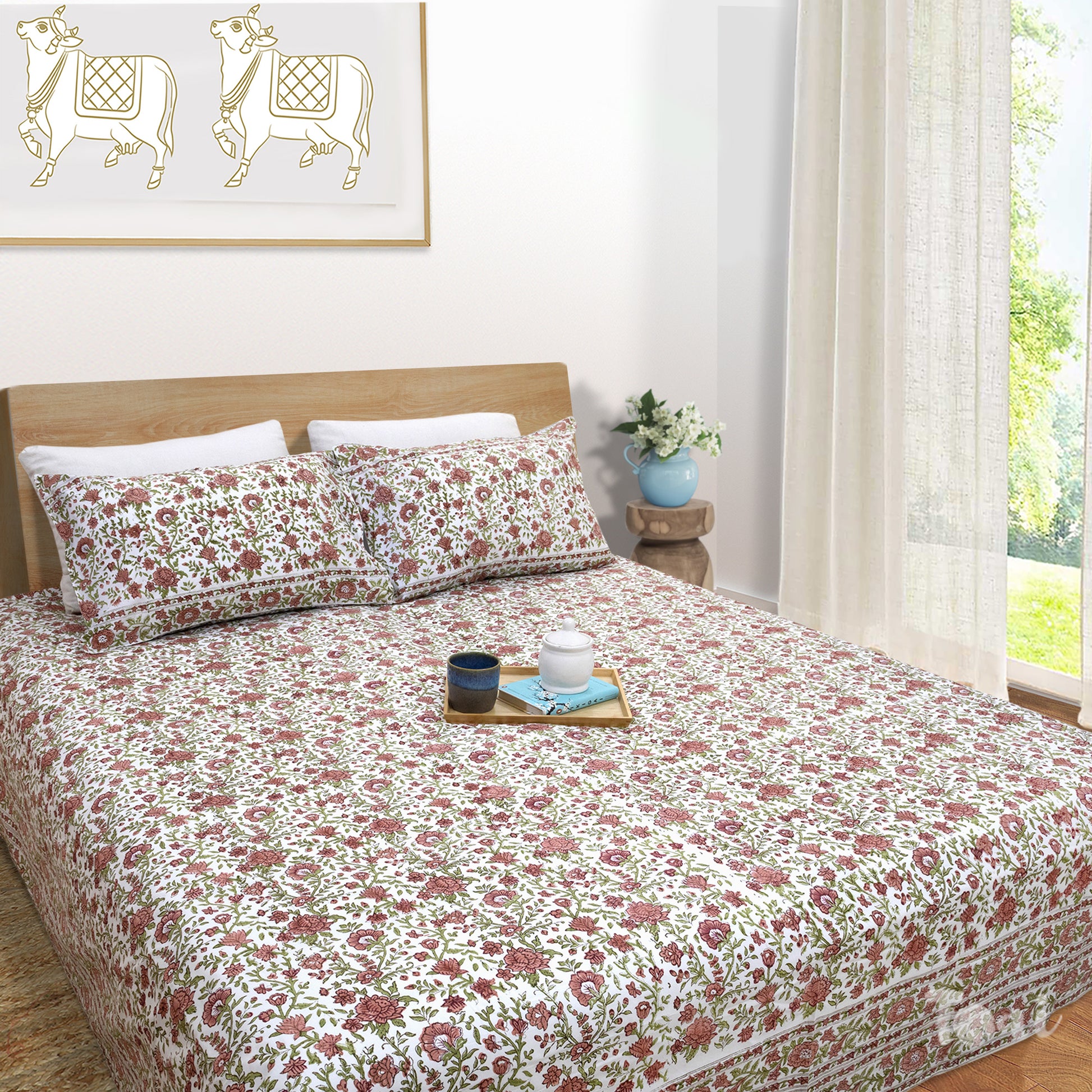 Rust Flower Spread  - King Queen Cotton Bed sheet
