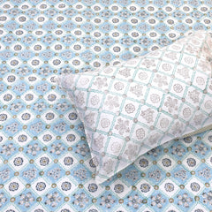 Small Blue Jaal | 300TC Bedsheet | 2 Pillow Covers | Mulmul Cotton Quilt