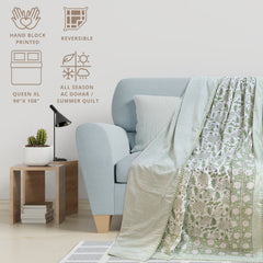Floral Kalamkari White Green | Pure Mulmul Cotton | Flannel filling