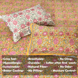 Pink and Green Flowers on Deep Yellow |hand block printed bedsheet| Double bed ,Queen size | 210 TC Pure Cotton| Complementing pillow covers