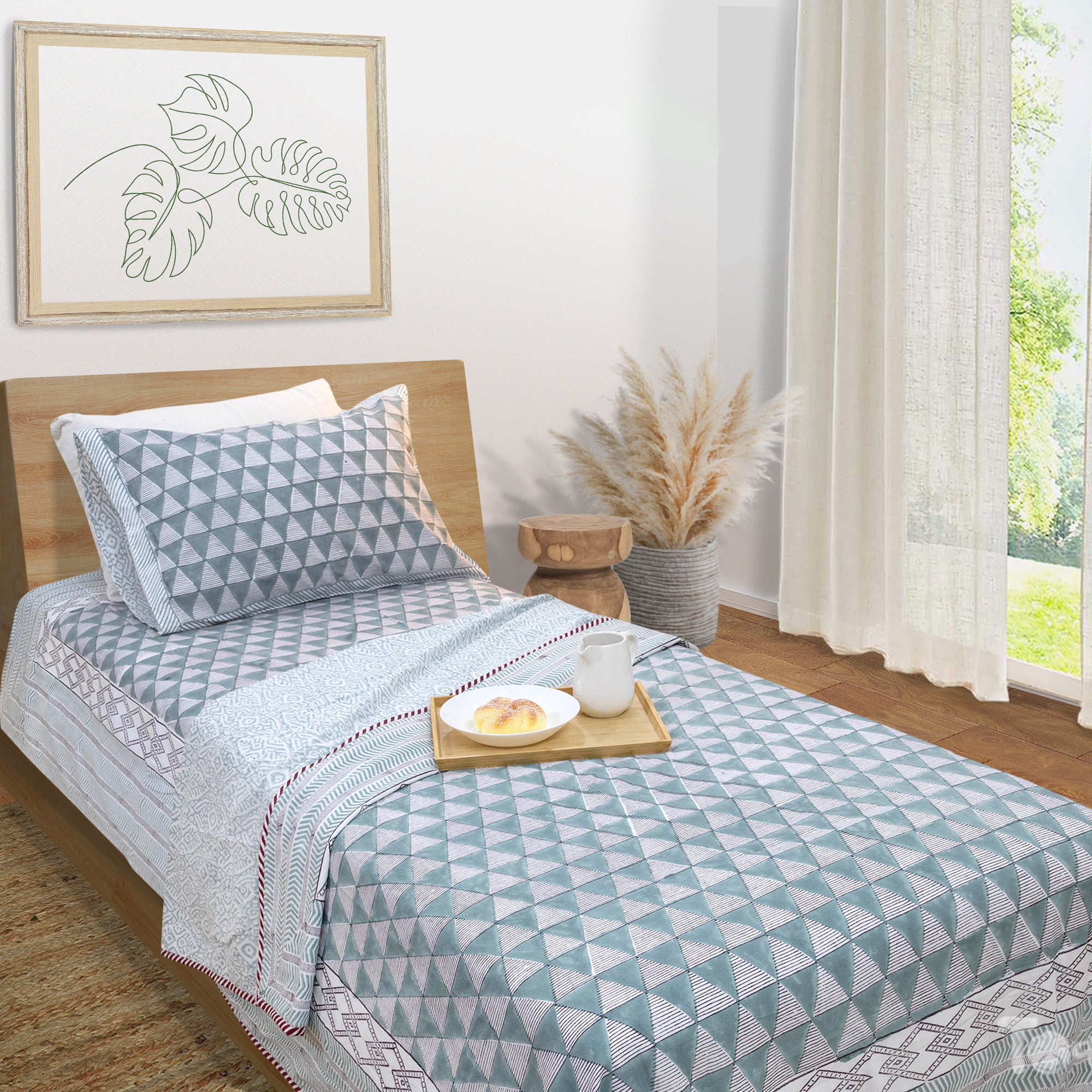 Cement Green Triangles | All- Season Bedding Set | Premium Bedsheet , Pillow Covers, Dohar