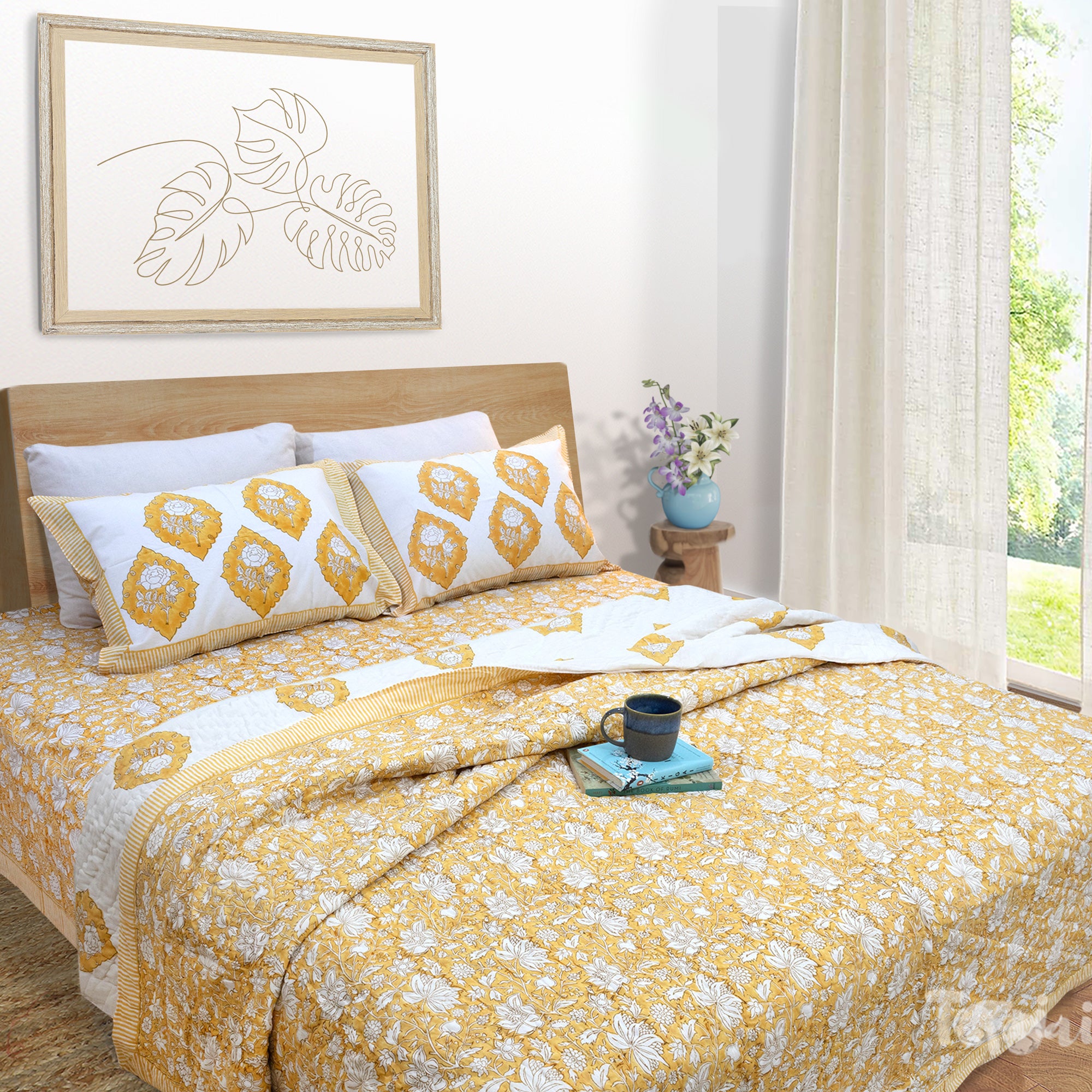 Yellow Kalamkari| Comforter Bedding Set | Premium Bedsheet , Pillow Covers, Quilt / Razai