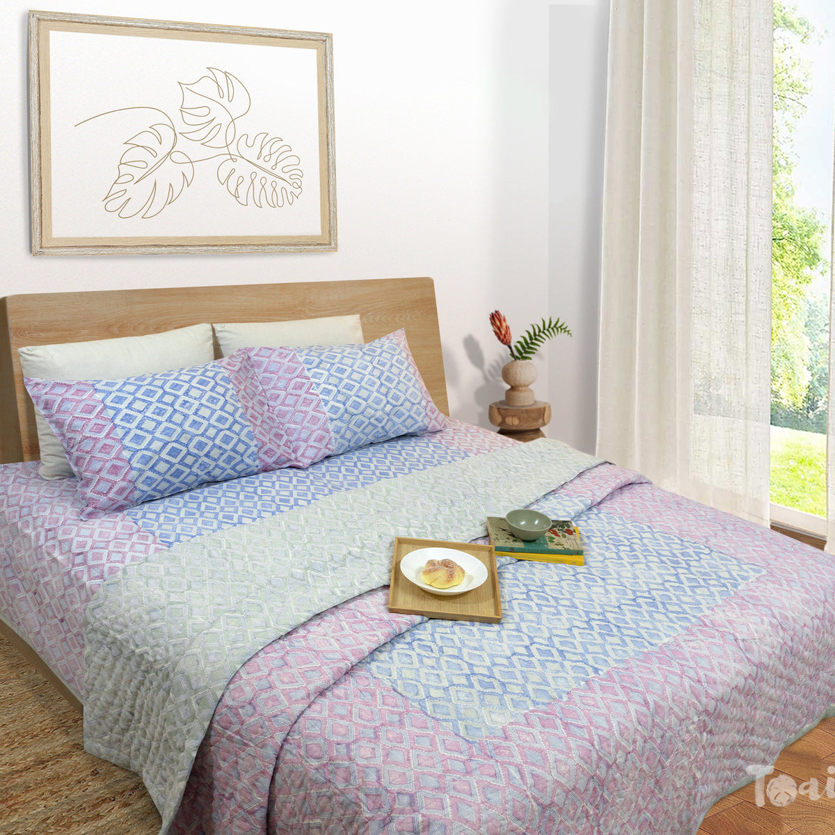 Vintage Lines Checks | Comforter Bedding Set | Premium Bedsheet , Pillow Covers, Quilt / Razai