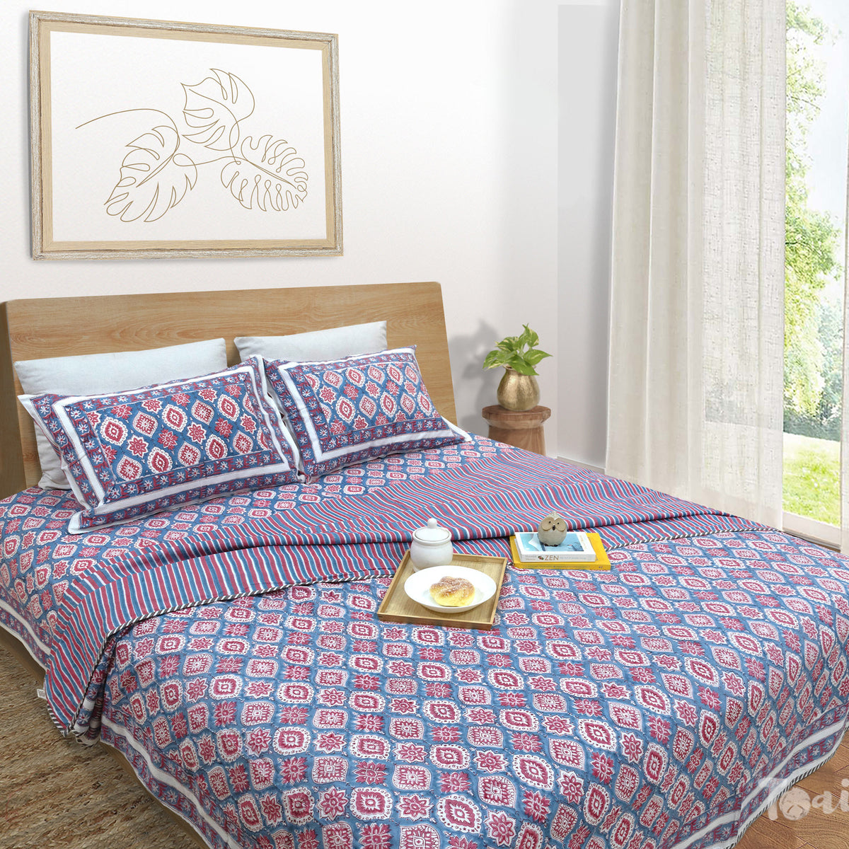 Spanish Villa Blue Red |All- Season Bedding Set | Fine Quality Bedsheet, Pillow Covers, Dohar