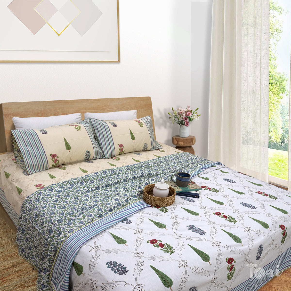 Adil Jaal (Beige Multicolor) | All- Season Bedding Set | Long Staple Fiber Bedsheet , Pillow Covers, Dohar
