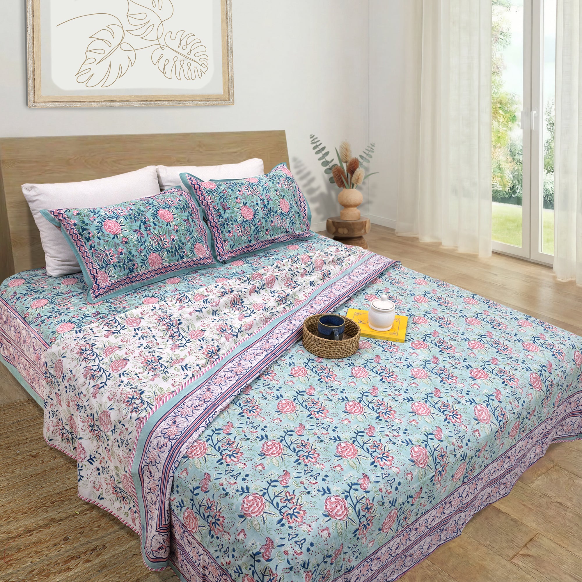 Rose on Pastel Green |All- Season Bedding Set | Fine Quality Bedsheet, Pillow Covers, Dohar