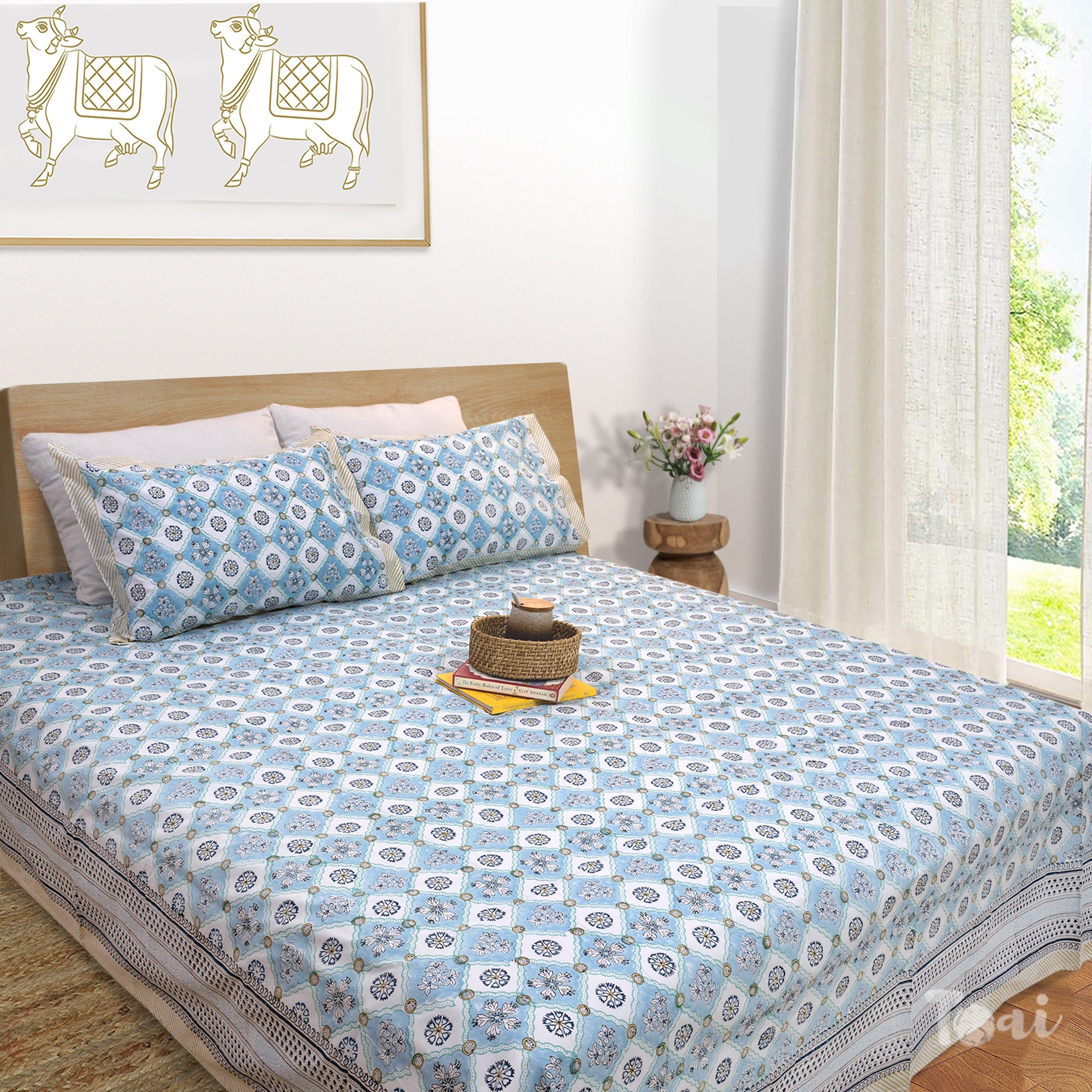 Small Blue Jaal | All- Season Bedding Set | Premium Bedsheet , Pillow Covers, Dohar