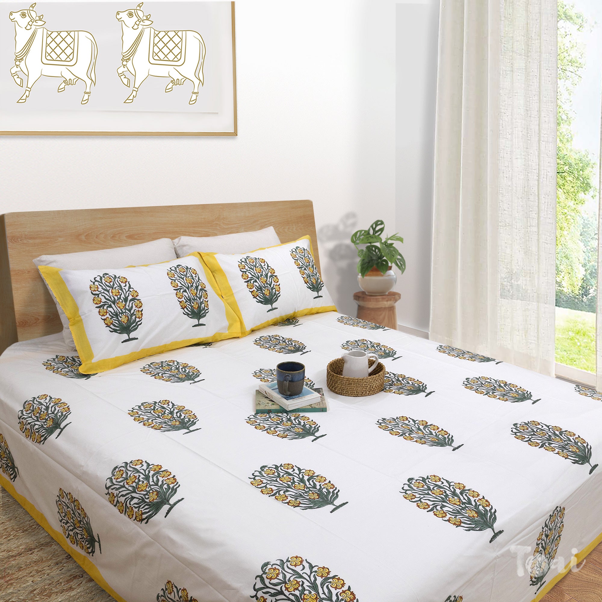 Yellow Marigold Bush on White | Premium Bedsheet