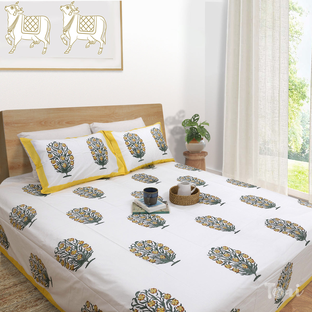 Yellow Marigold Bush on White | 300TC Mercerized Cotton