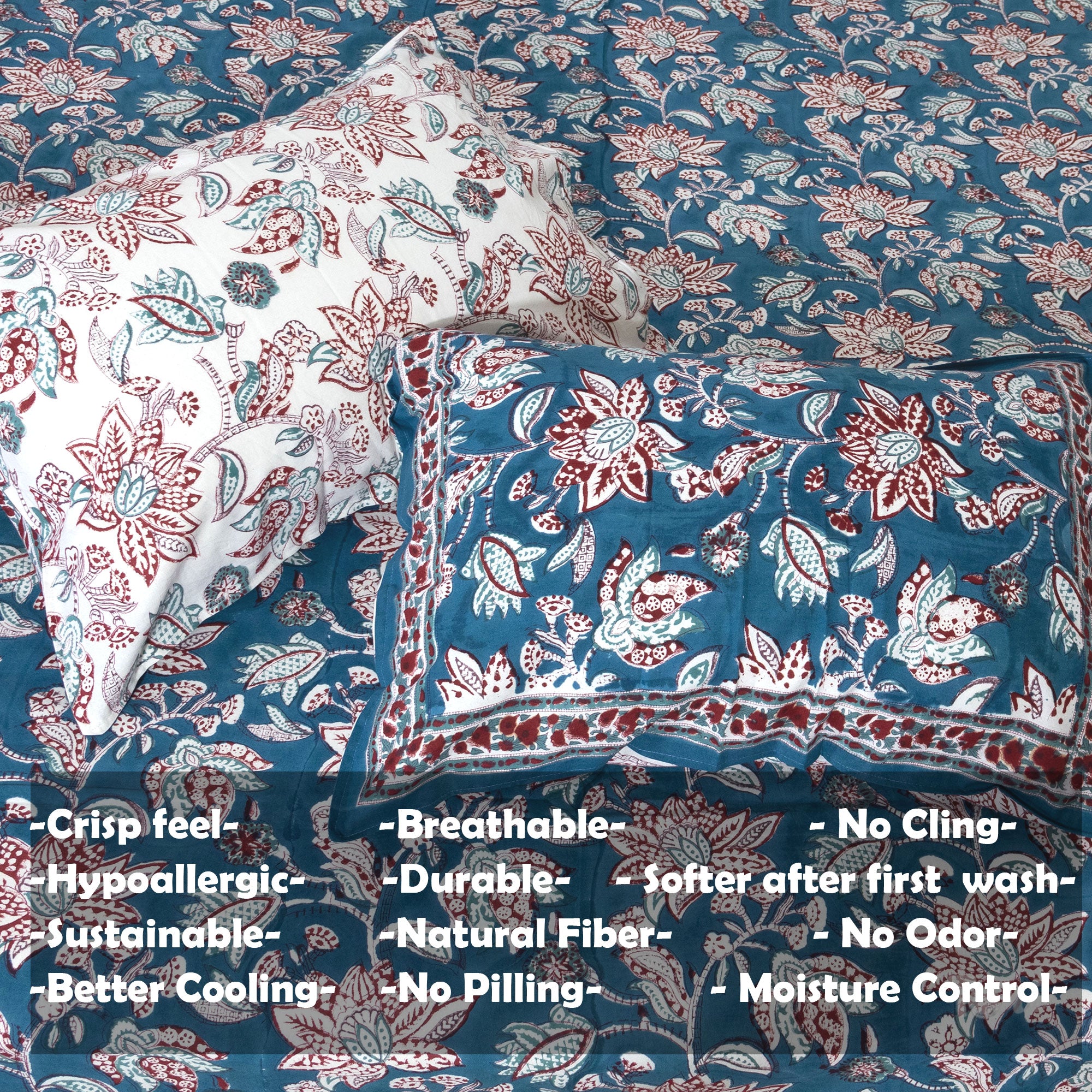 White Red Florals on Blue |hand block printed bedsheet| Double bed ,Queen size | 210 TC Pure Cotton| Complementing pillow covers