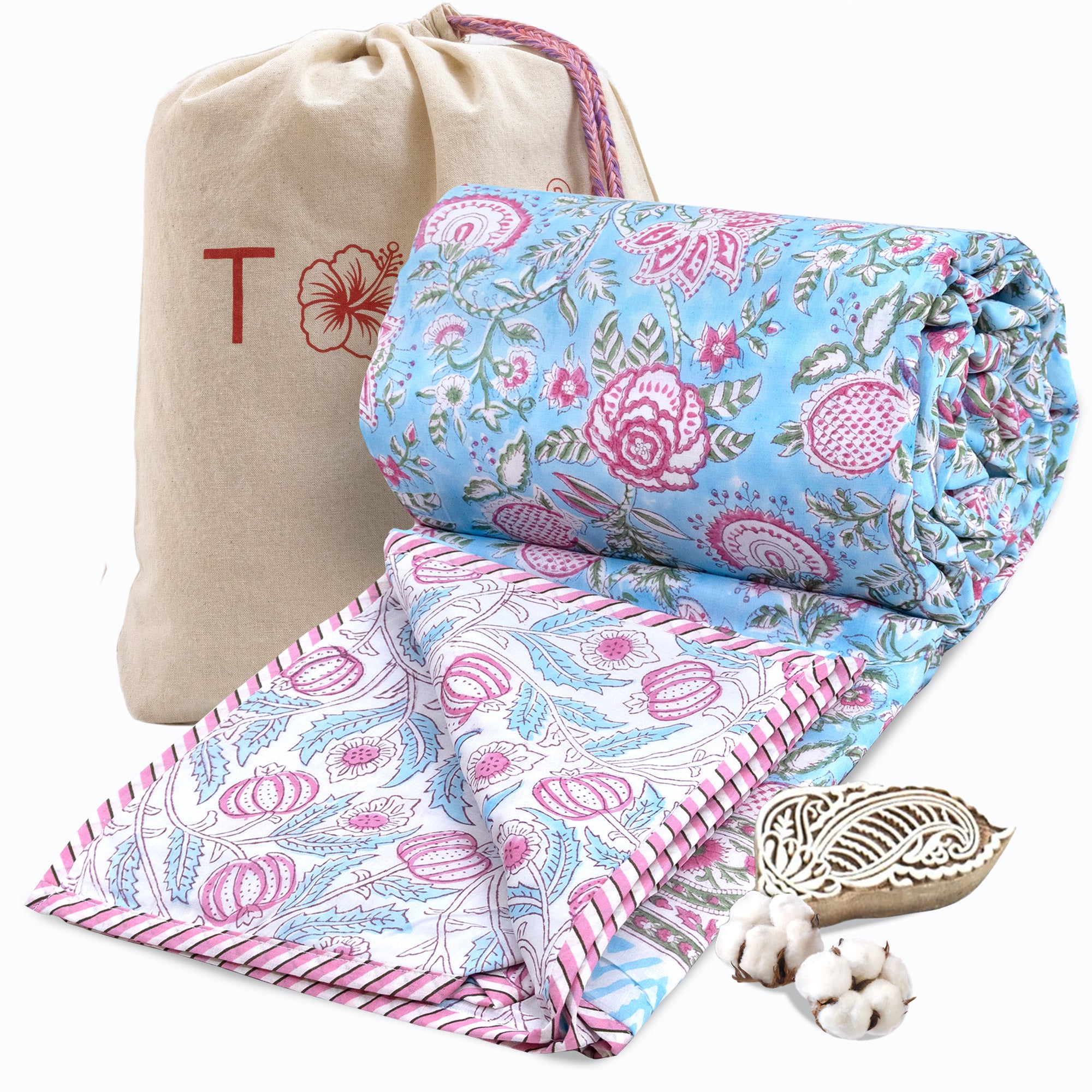 Pink Florals on Blue   | Dohar | Summer Blanket