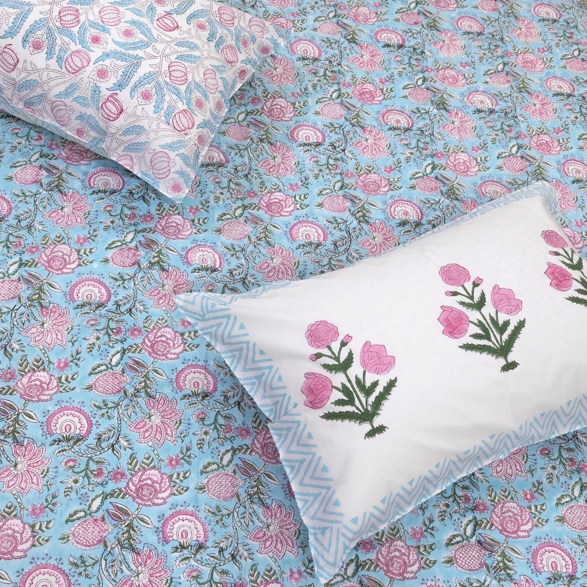 Pink Florals on Blue  |  Premium Bedsheet