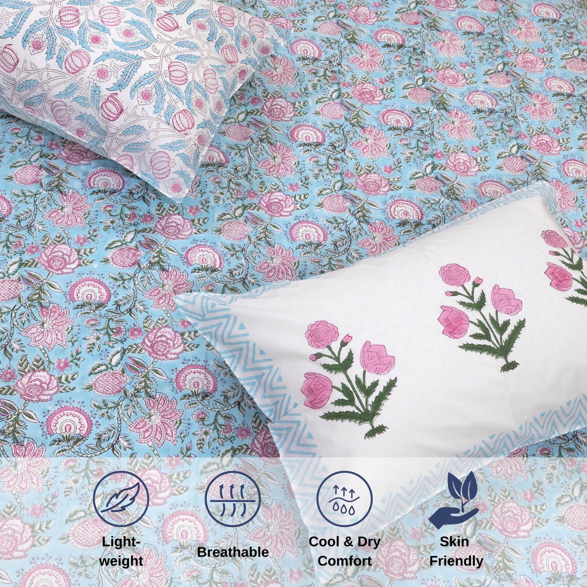 Pink Florals on Blue  - Reversible Pillow Covers double bedsheet